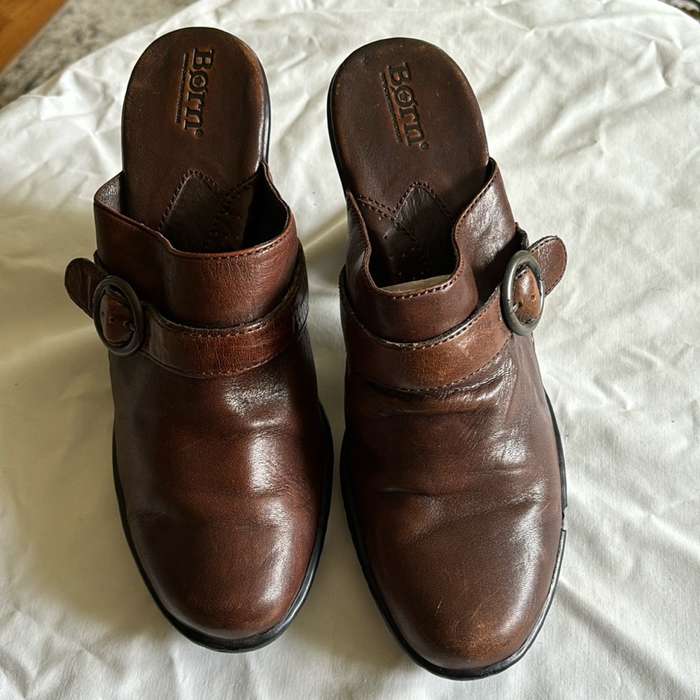 Born Brown Leather Stacked Heel Mule